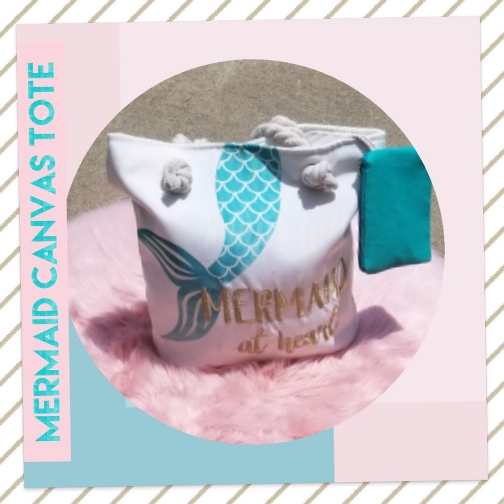 Price 👇Drop 🧜‍♀️ Mermaid Canvas Tote + Matching Clutch - Picture 3 of 5